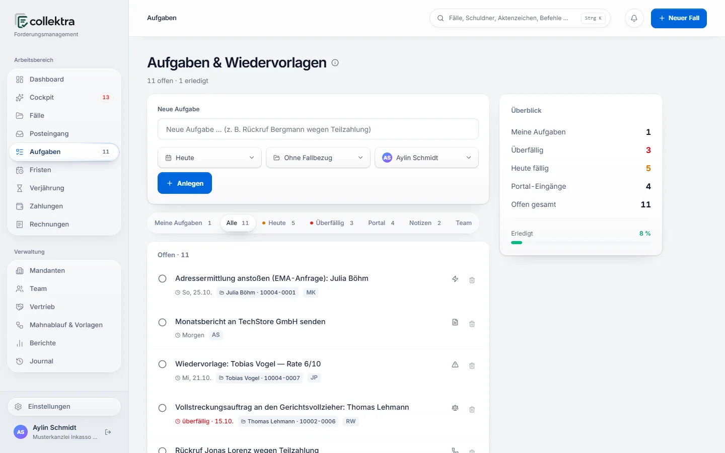Aufgaben und Wiedervorlagen mit den Reitern Meine Aufgaben, Alle, Heute, Überfällig, Portal und Team