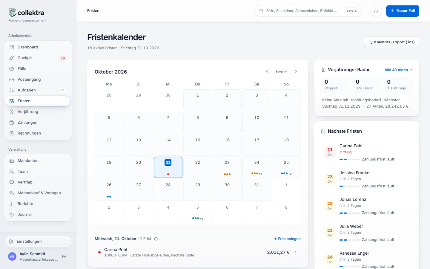 Fristenkalender in Collektra mit Monatsansicht, Verjährungs-Radar und den nächsten Fristen