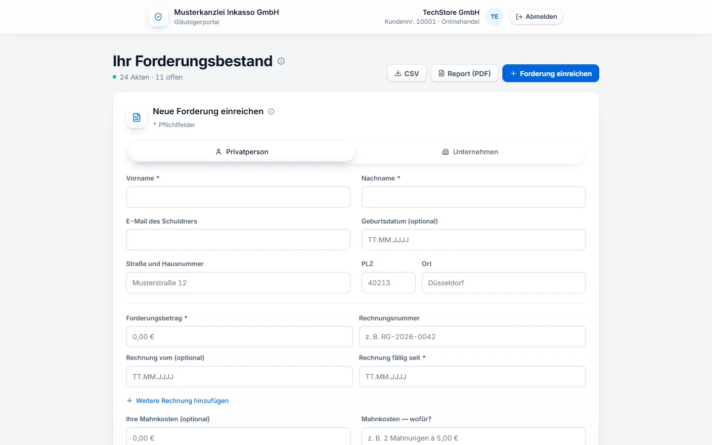 Gläubigerportal: Formular „Neue Forderung einreichen“ für eine Privatperson oder ein Unternehmen