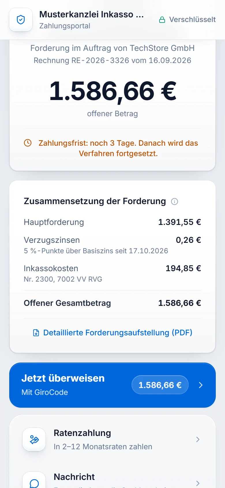 Schuldnerportal von Collektra am Handy mit Demo-Daten: offener Betrag, Zusammensetzung der Forderung und Zahlung per GiroCode