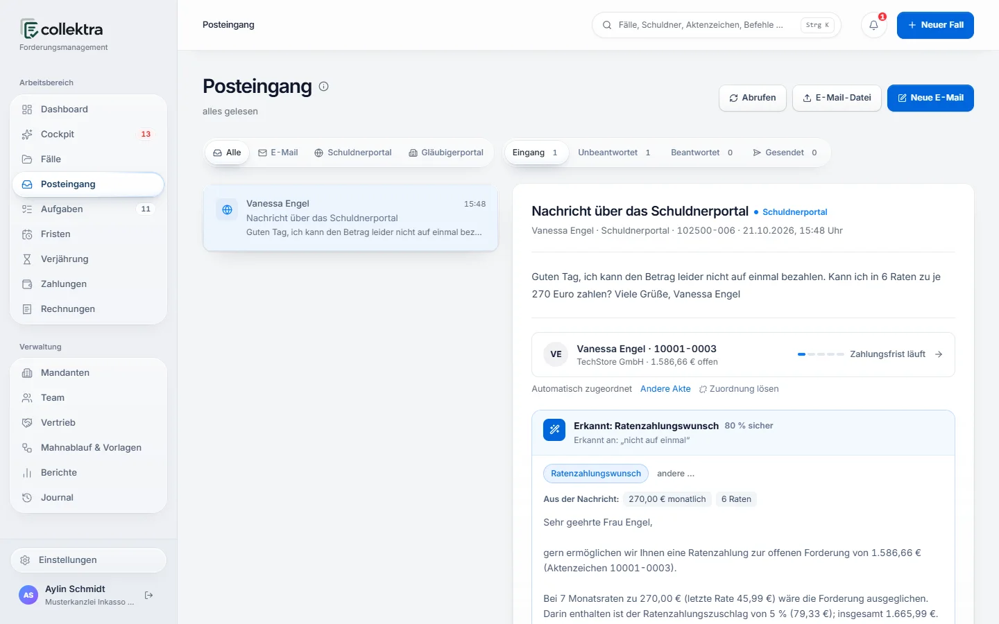 Posteingang mit einer Nachricht aus dem Schuldnerportal. Collektra hat sie der Akte zugeordnet, den Ratenzahlungswunsch erkannt, 270 Euro monatlich und 6 Raten aus dem Text gelesen und eine Antwort vorgeschlagen
