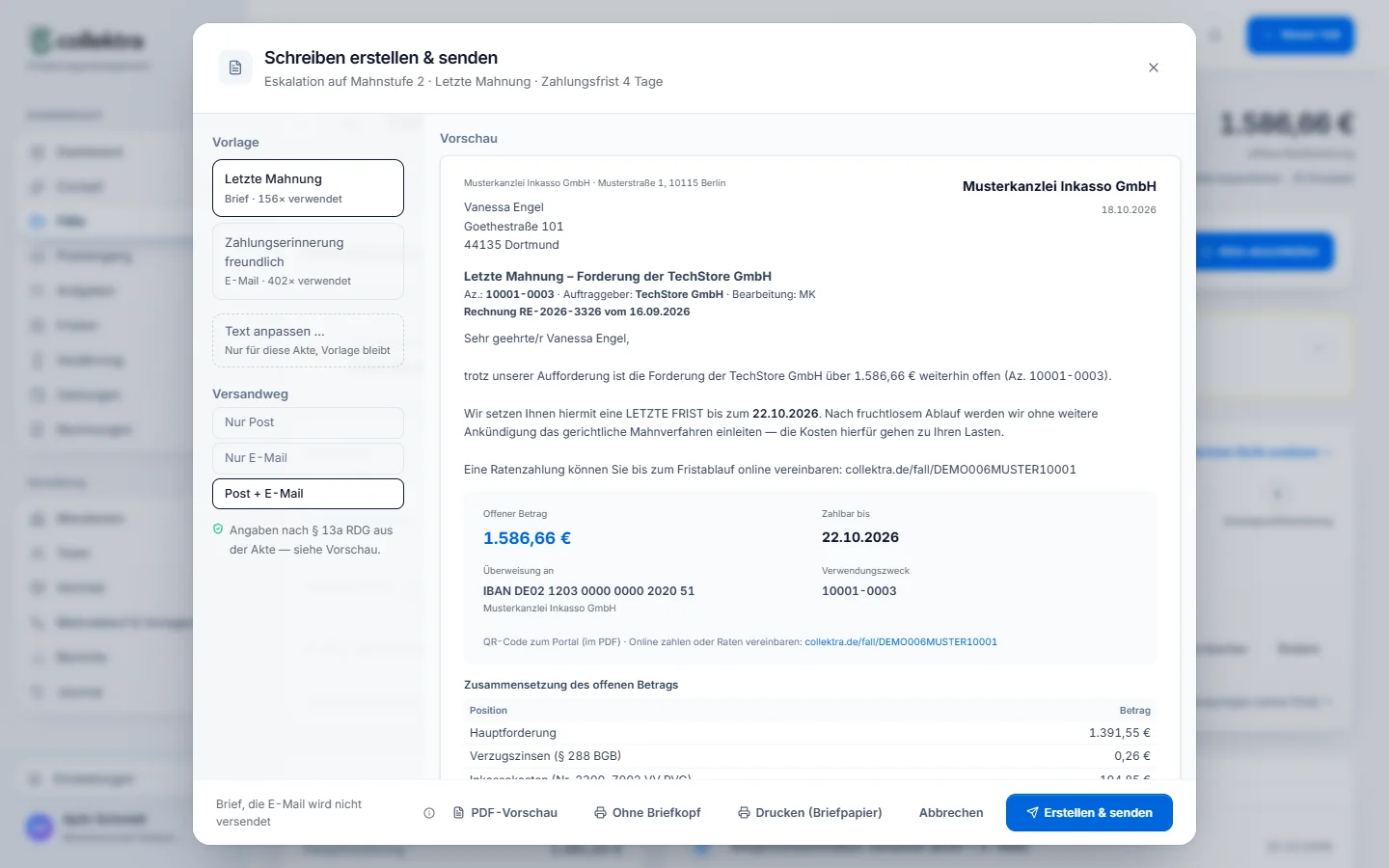 Fenster „Schreiben erstellen und senden“: Vorlage Letzte Mahnung, Versandweg Post und E-Mail, Vorschau des Briefs mit Zahlungskasten, Frist und Link zum Schuldnerportal